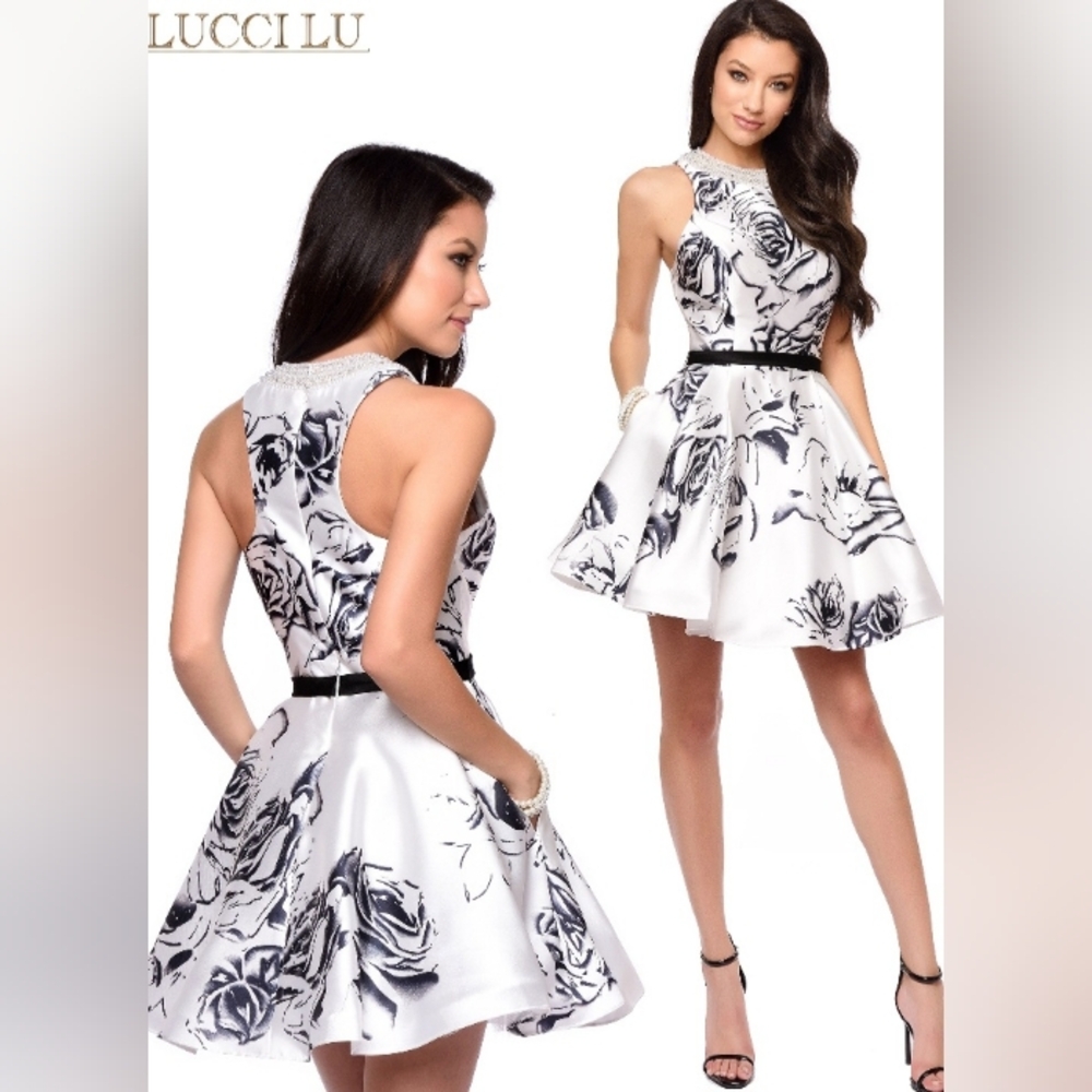 Lucci Lu 8124 Chic Black & White floral Art to Wear Cocktail Halter dress Fancy